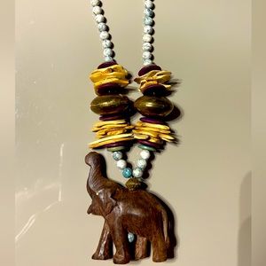 Vintage Wooden Carved Elephant Beaded Safari Necklace